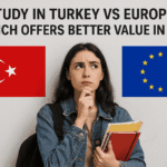 Thoughtful student holding books and a backpack, looking up between the flags of Turkey and the European Union under the title “Study in Turkey vs Europe: Which Offers Better Value in 2025?”